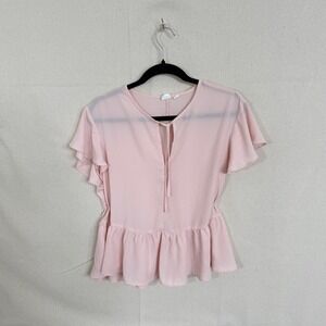 GAP Womens Pink Flutter Sleeve Peplum Tie Neck Blouse Top Small